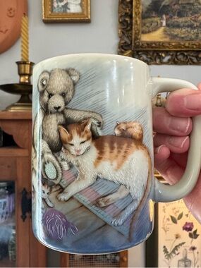 Vintage Cottage Core Cat with Teddy Bear Otagiri Mug